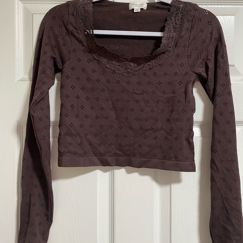 Altar'd State Deep Brown Lace Trim Blouse